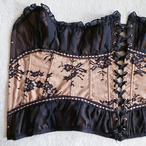 Tan Black Mesh Lace Overbust Corset Bustier Top Y2K vintage nwt - Picture 7 of 17